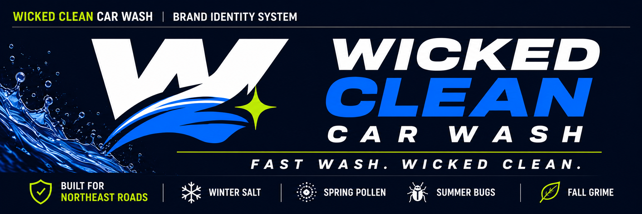 Wicked Clean Car Wash coming soon banner with electric blue branding.