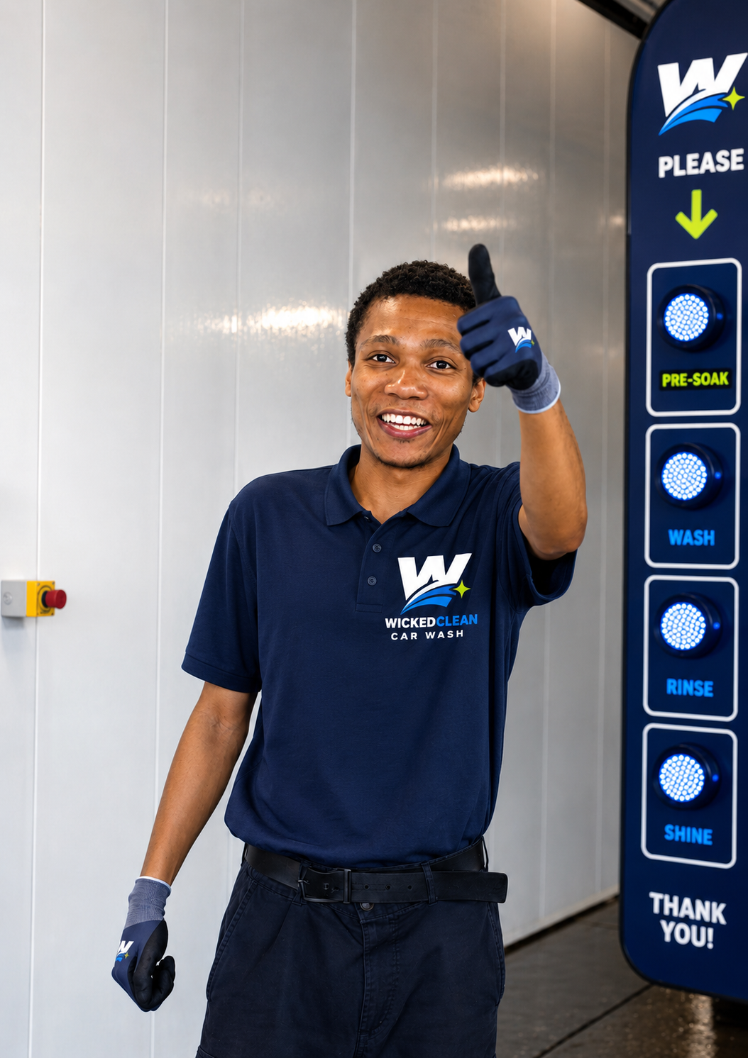 Wicked Clean team member giving a thumbs-up in front of the facility concept.