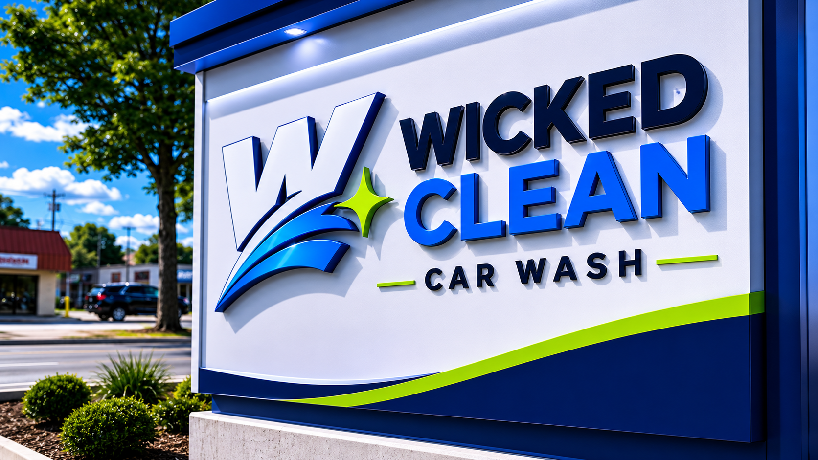 Close-up of Wicked Clean roadside signage with branding details.